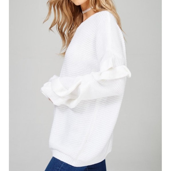 White Ruffle Sleeve Ribbed Sweater Pullover - Picture 8 of 8